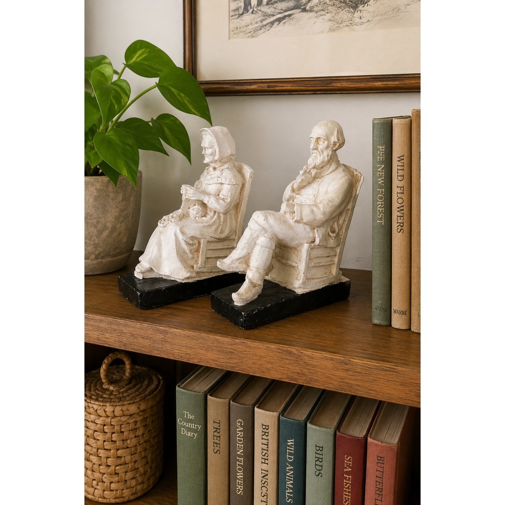 Vintage Chalkware Colonial Couple Bookends ABCO Style Knitting Pipe Folk Decor